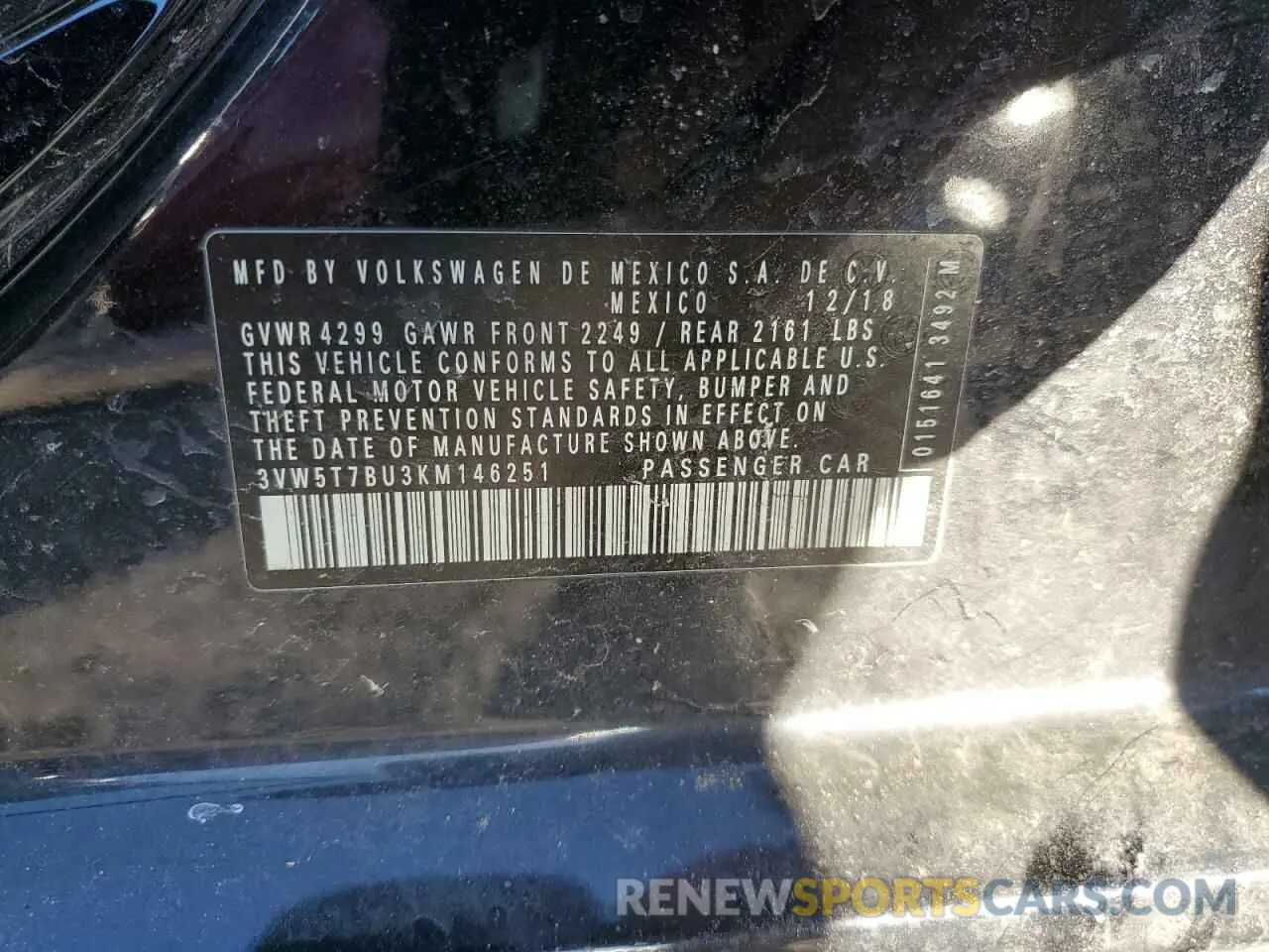 13 fotografías del automóvil dañado 3VW5T7BU3KM146251 VOLKSWAGEN JETTA 2019