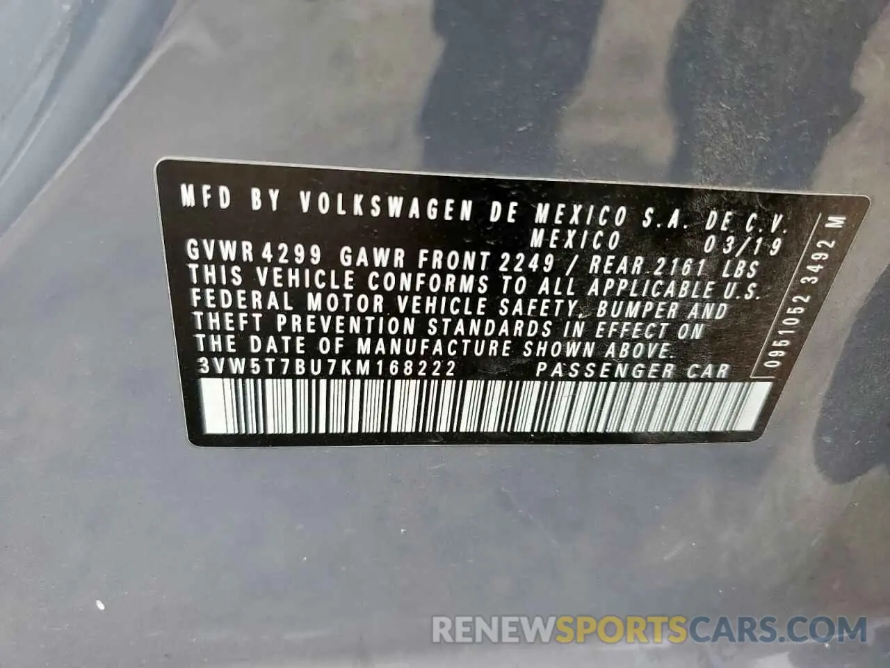 12 fotografías del automóvil dañado 3VW5T7BU7KM168222 VOLKSWAGEN JETTA 2019