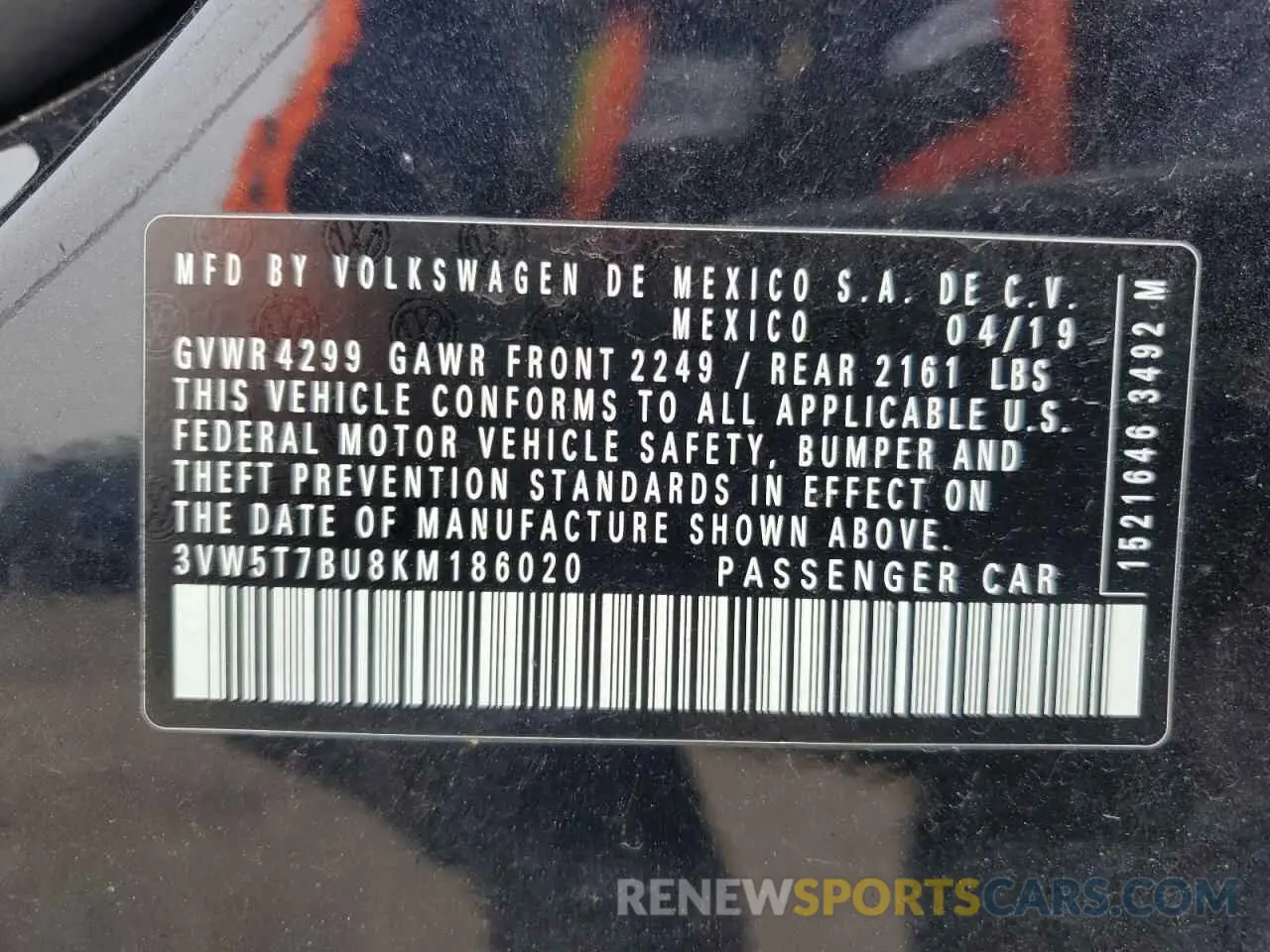 12 fotografías del automóvil dañado 3VW5T7BU8KM186020 VOLKSWAGEN JETTA 2019