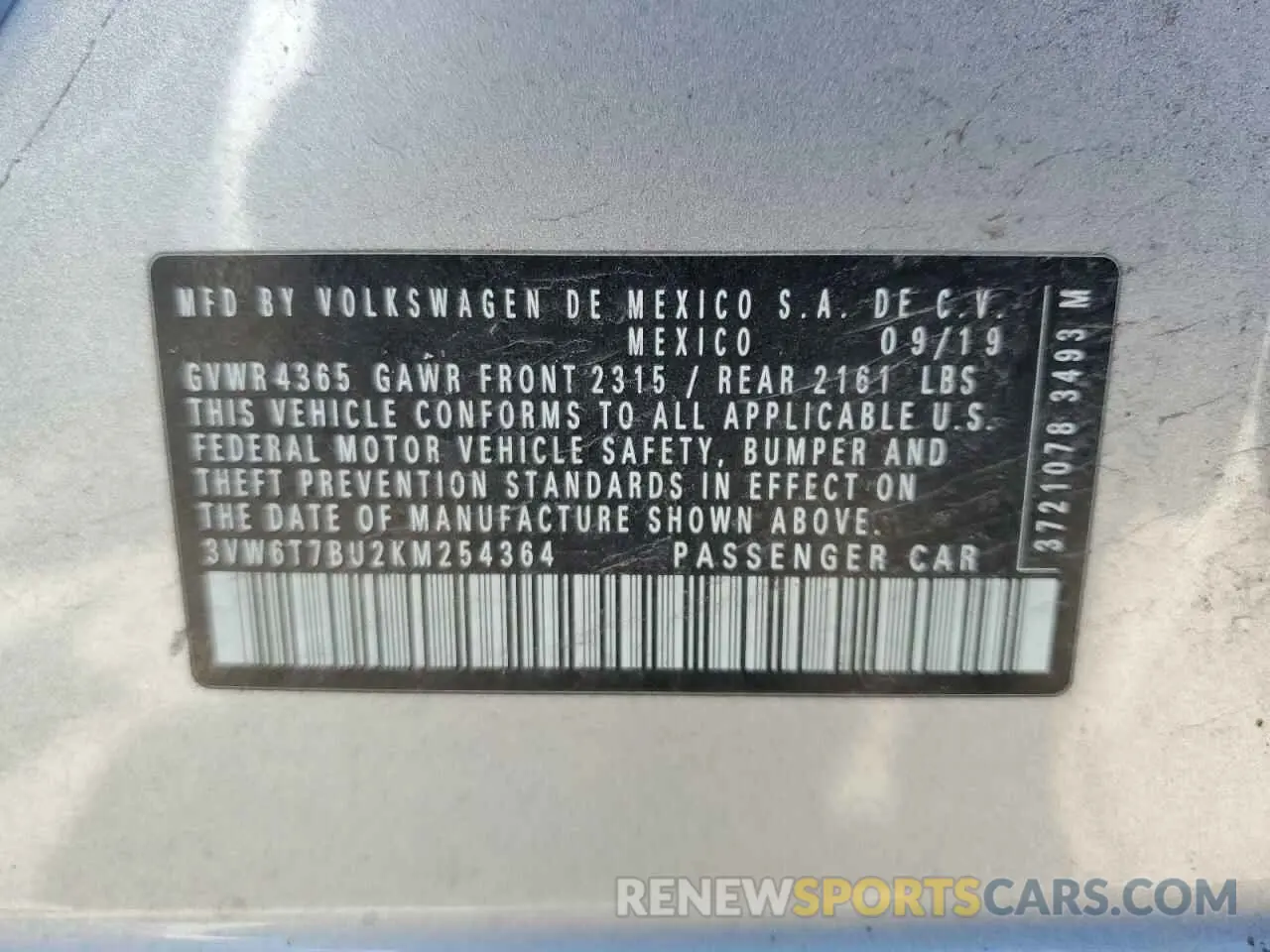 15 fotografías del automóvil dañado 3VW6T7BU2KM254364 VOLKSWAGEN JETTA 2019