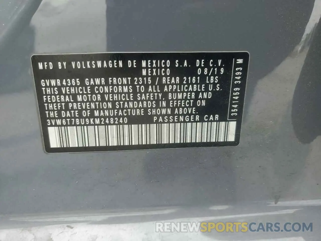 12 fotografías del automóvil dañado 3VW6T7BU9KM248240 VOLKSWAGEN JETTA 2019