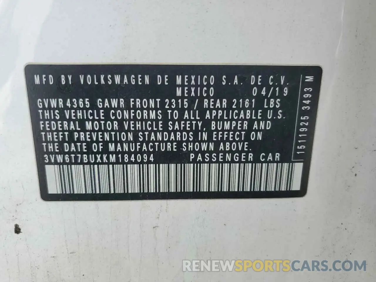 12 fotografías del automóvil dañado 3VW6T7BUXKM184094 VOLKSWAGEN JETTA 2019