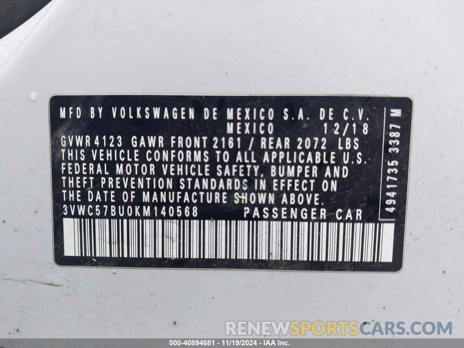 9 fotografías del automóvil dañado 3VWC57BU0KM140568 VOLKSWAGEN JETTA 2019