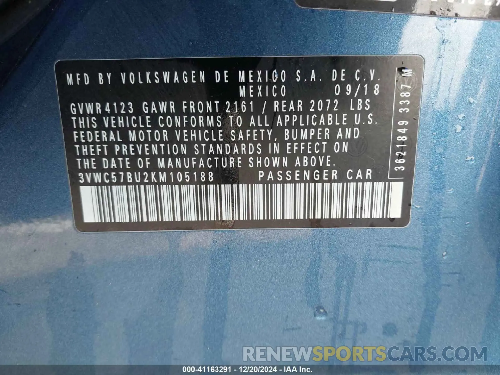 9 fotografías del automóvil dañado 3VWC57BU2KM105188 VOLKSWAGEN JETTA 2019