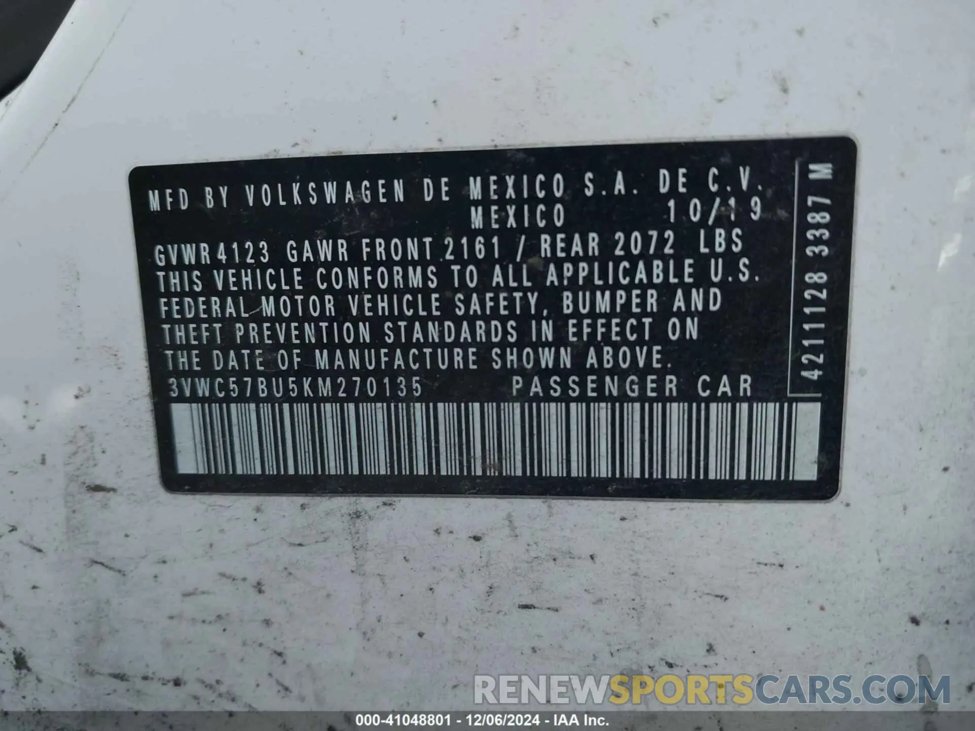 9 fotografías del automóvil dañado 3VWC57BU5KM270135 VOLKSWAGEN JETTA 2019