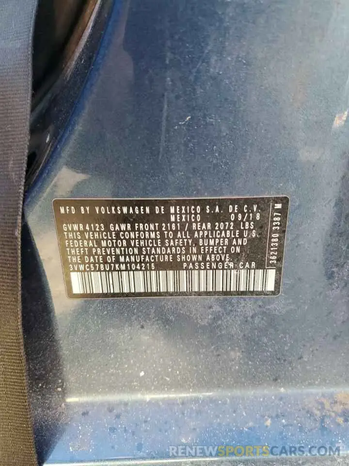 12 fotografías del automóvil dañado 3VWC57BU7KM104215 VOLKSWAGEN JETTA 2019