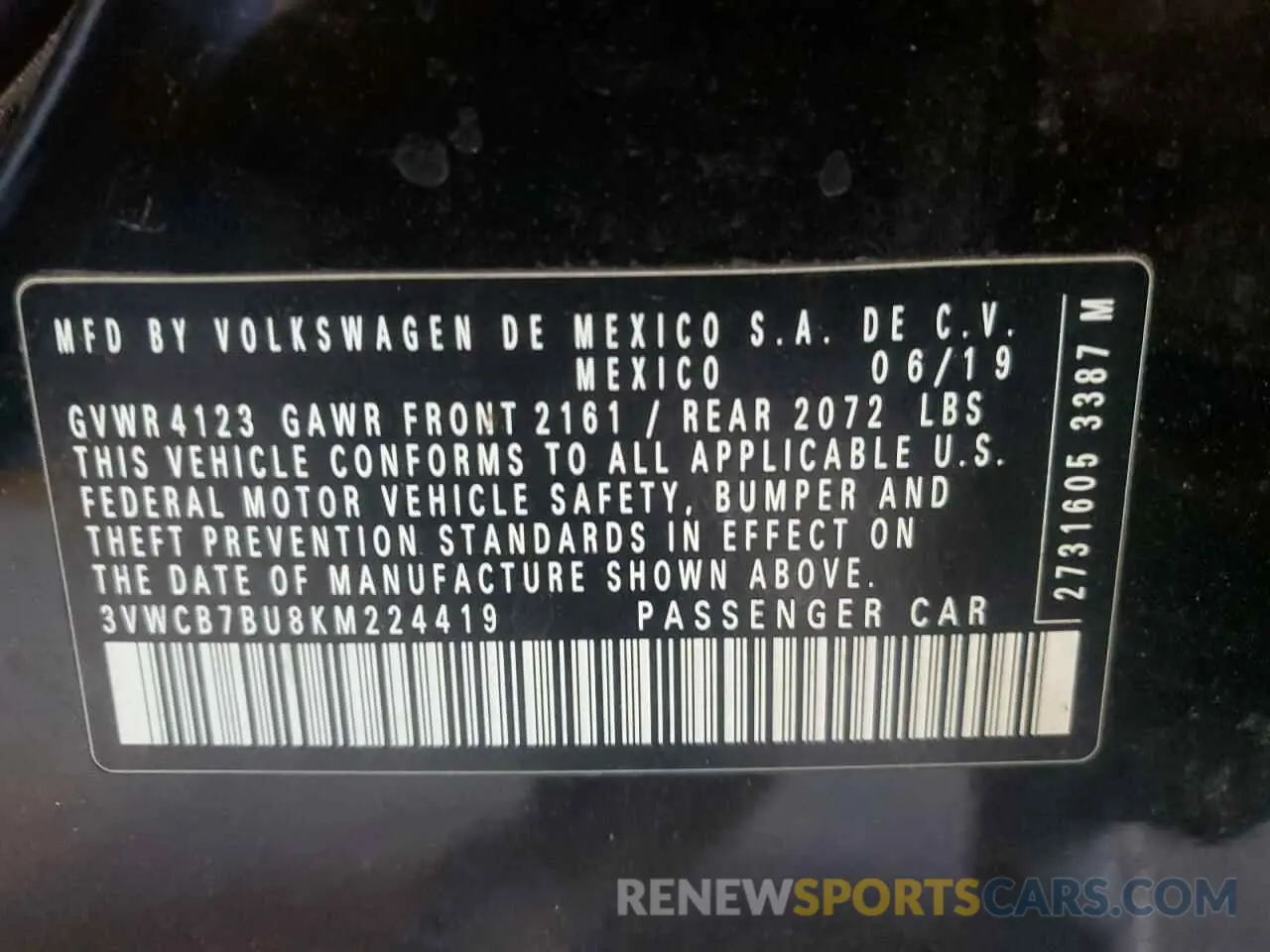 12 fotografías del automóvil dañado 3VWCB7BU8KM224419 VOLKSWAGEN JETTA 2019
