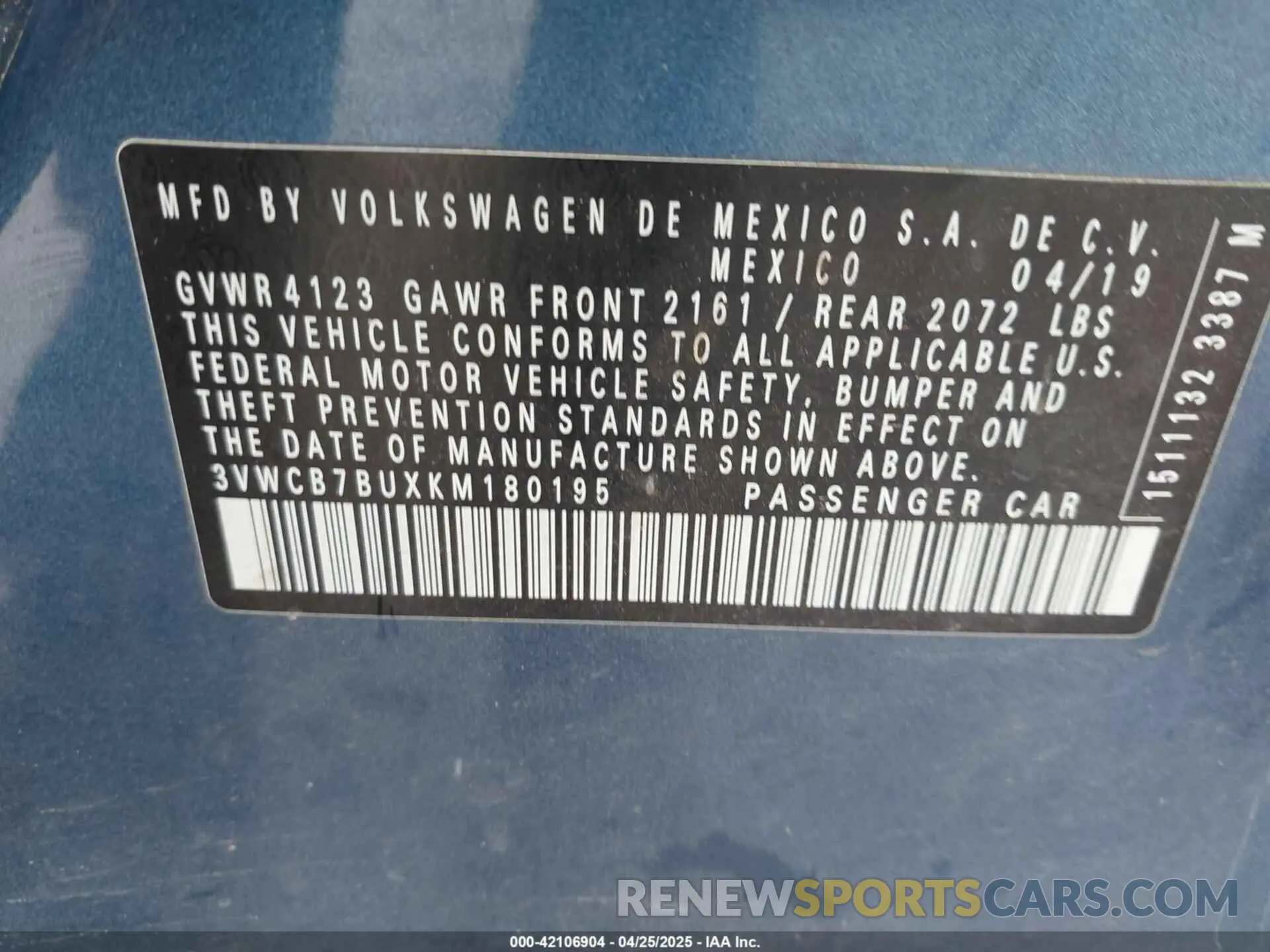 9 fotografías del automóvil dañado 3VWCB7BUXKM180195 VOLKSWAGEN JETTA 2019