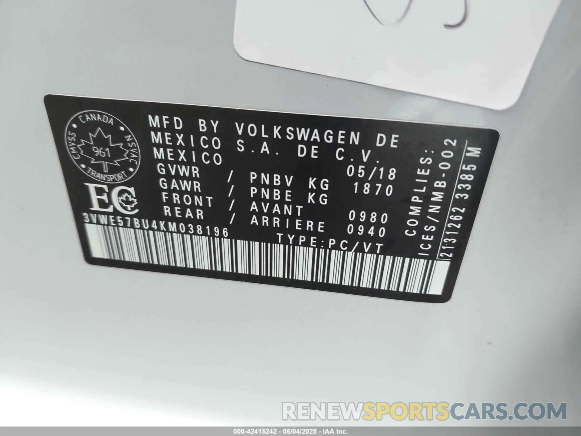 9 fotografías del automóvil dañado 3VWE57BU4KM038196 VOLKSWAGEN JETTA 2019