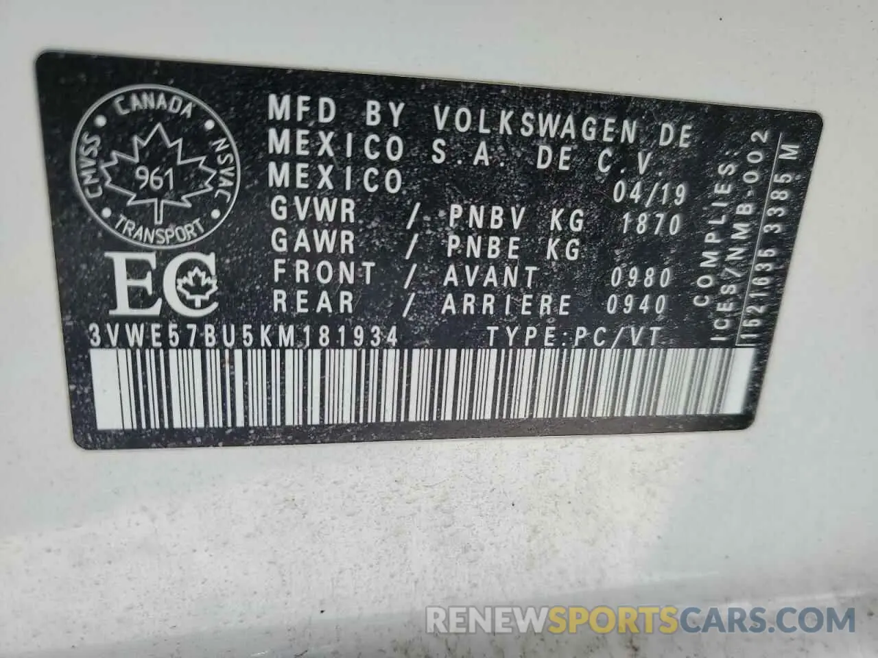 12 fotografías del automóvil dañado 3VWE57BU5KM181934 VOLKSWAGEN JETTA 2019