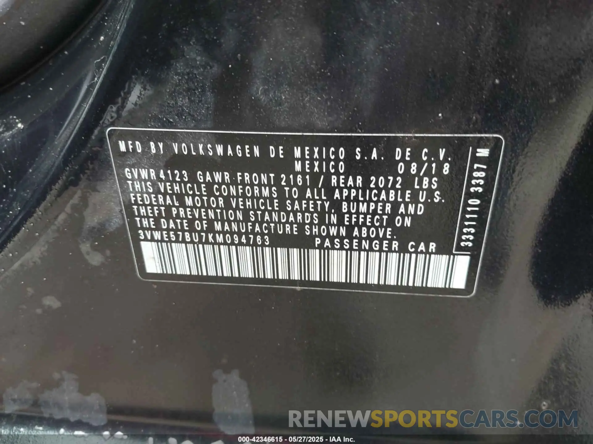 9 fotografías del automóvil dañado 3VWE57BU7KM094763 VOLKSWAGEN JETTA 2019