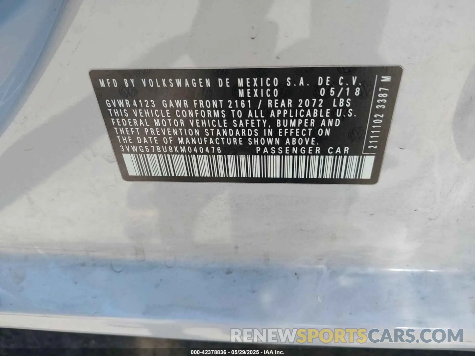 9 fotografías del automóvil dañado 3VWG57BU8KM040476 VOLKSWAGEN JETTA 2019