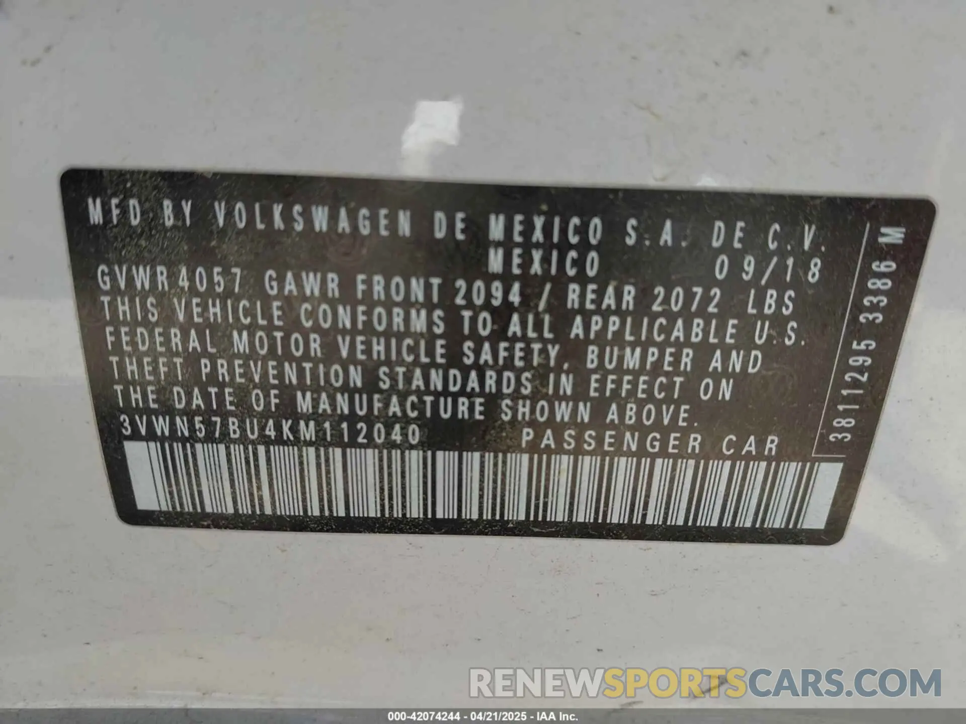 9 fotografías del automóvil dañado 3VWN57BU4KM112040 VOLKSWAGEN JETTA 2019