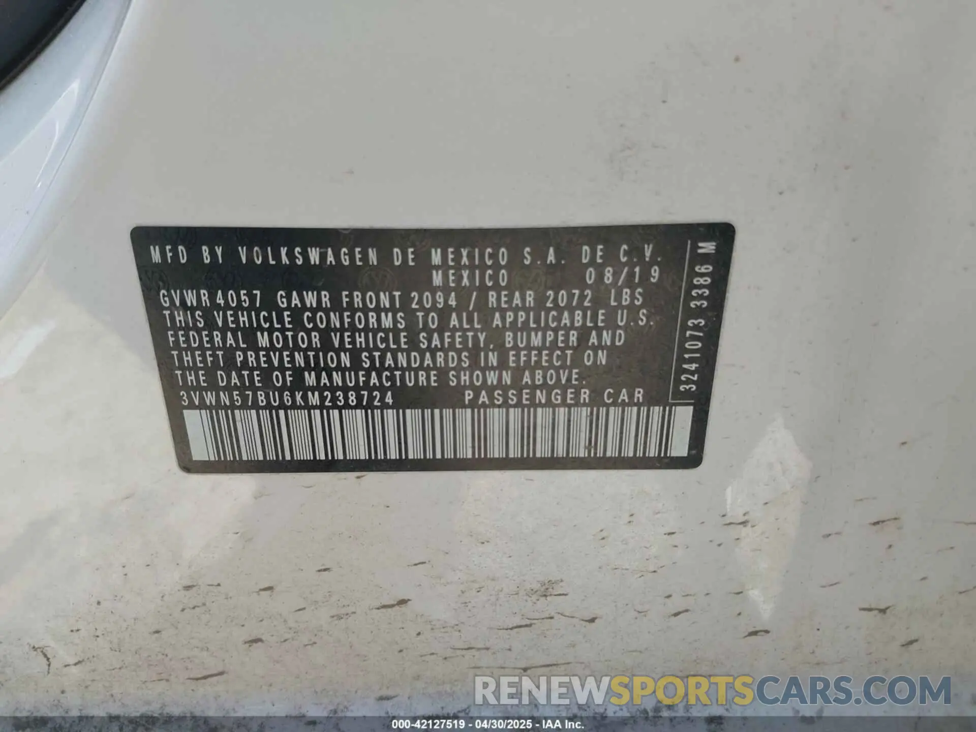 9 fotografías del automóvil dañado 3VWN57BU6KM238724 VOLKSWAGEN JETTA 2019