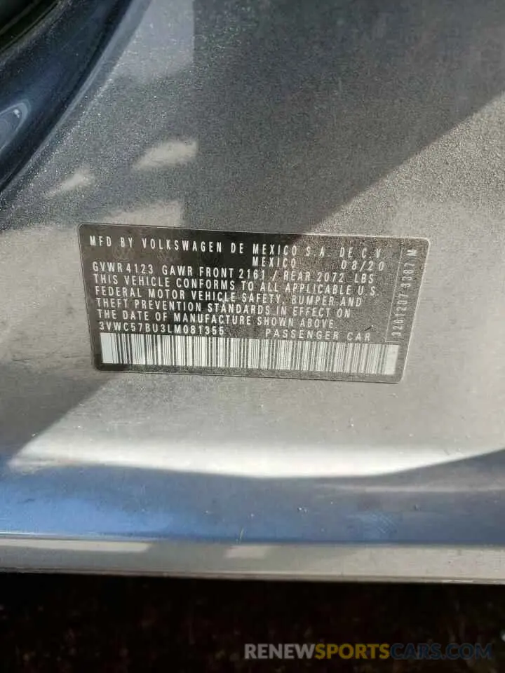 12 fotografías del automóvil dañado 3VWC57BU3LM081355 VOLKSWAGEN JETTA 2020