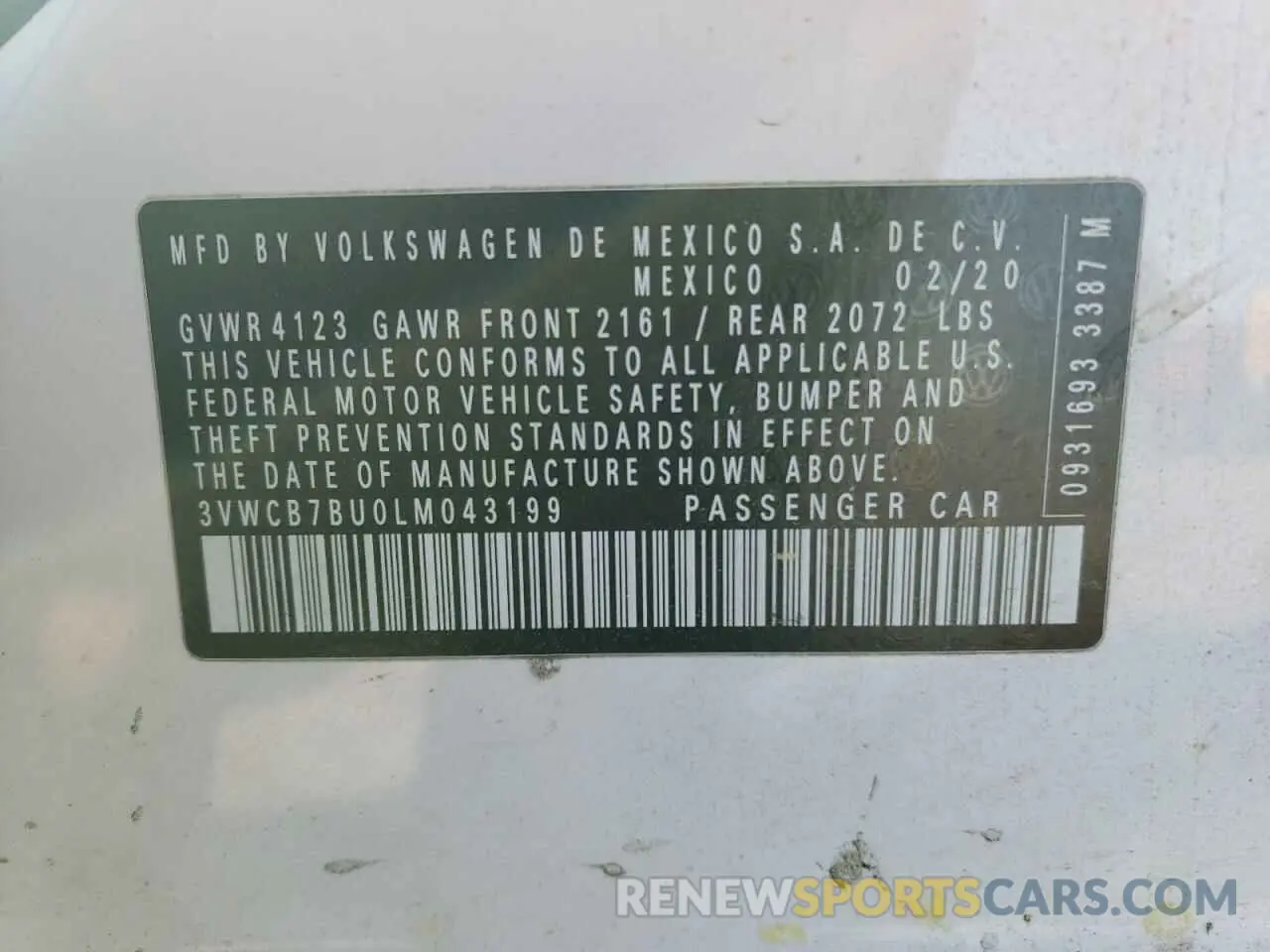 12 fotografías del automóvil dañado 3VWCB7BU0LM043199 VOLKSWAGEN JETTA 2020