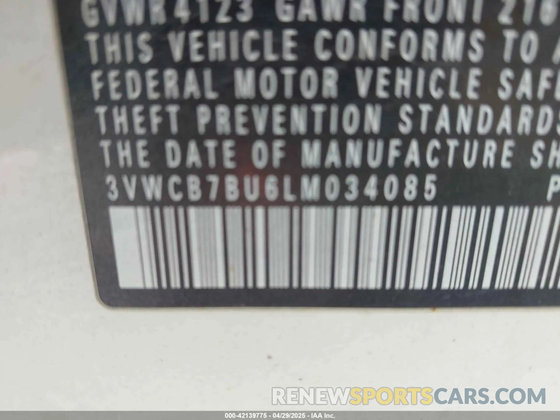 9 fotografías del automóvil dañado 3VWCB7BU6LM034085 VOLKSWAGEN JETTA 2020