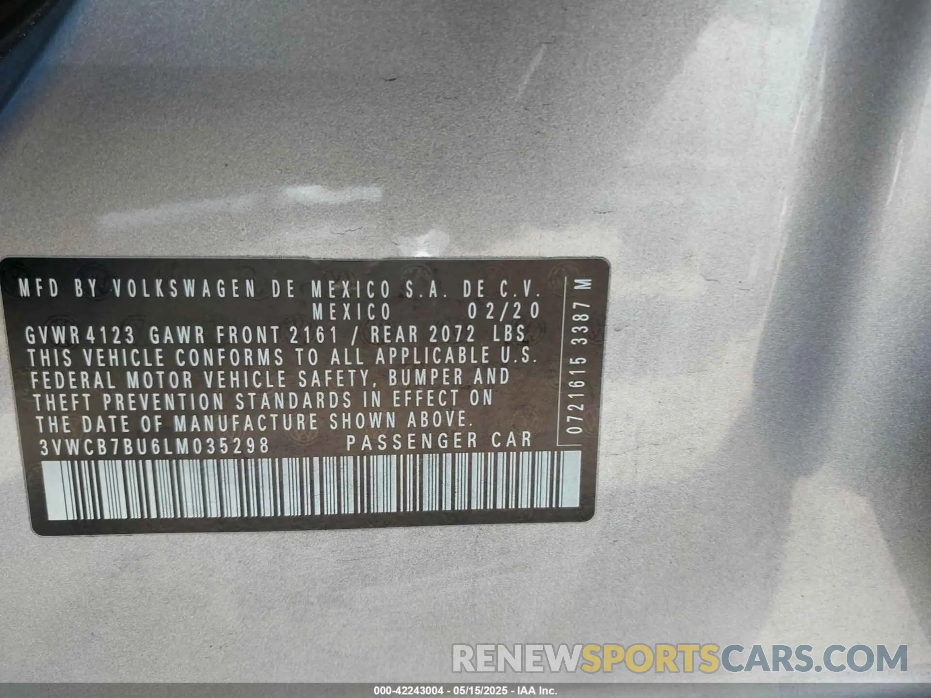 9 fotografías del automóvil dañado 3VWCB7BU6LM035298 VOLKSWAGEN JETTA 2020