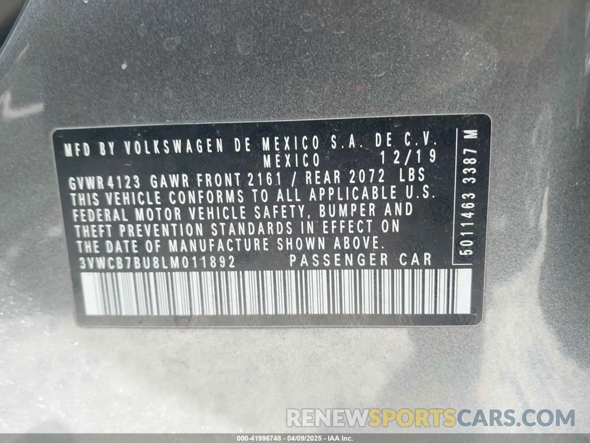 9 fotografías del automóvil dañado 3VWCB7BU8LM011892 VOLKSWAGEN JETTA 2020