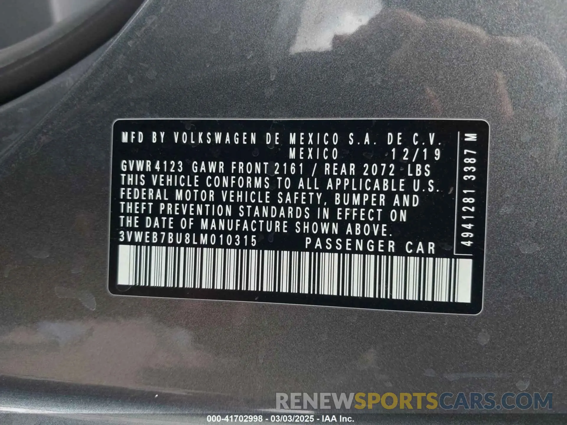 9 fotografías del automóvil dañado 3VWEB7BU8LM010315 VOLKSWAGEN JETTA 2020