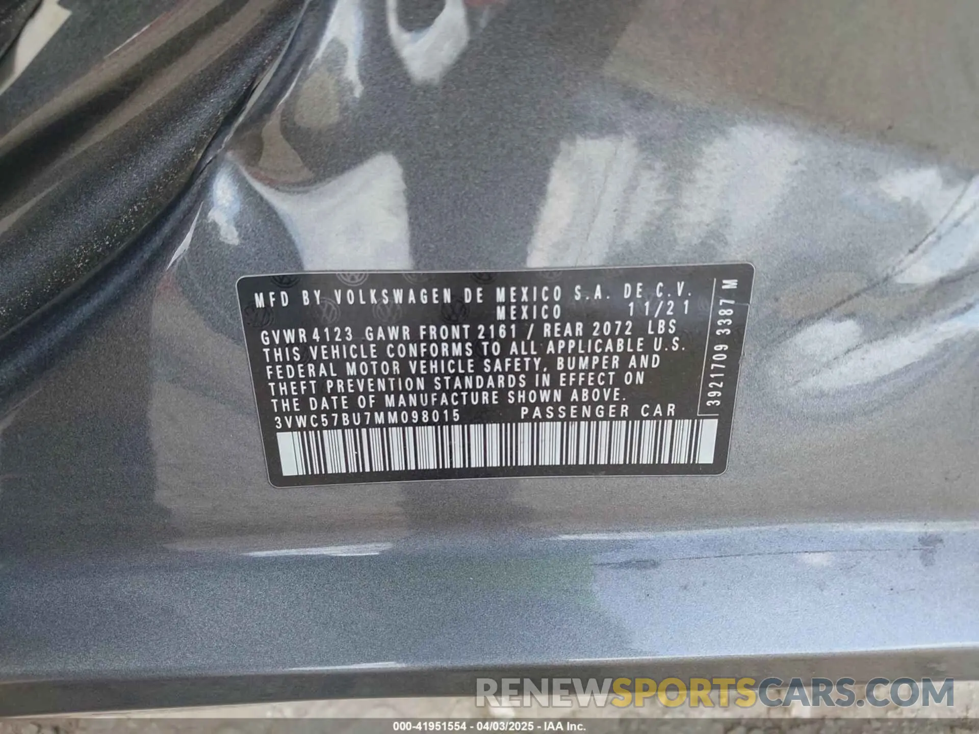 9 fotografías del automóvil dañado 3VWC57BU7MM098015 VOLKSWAGEN JETTA 2021