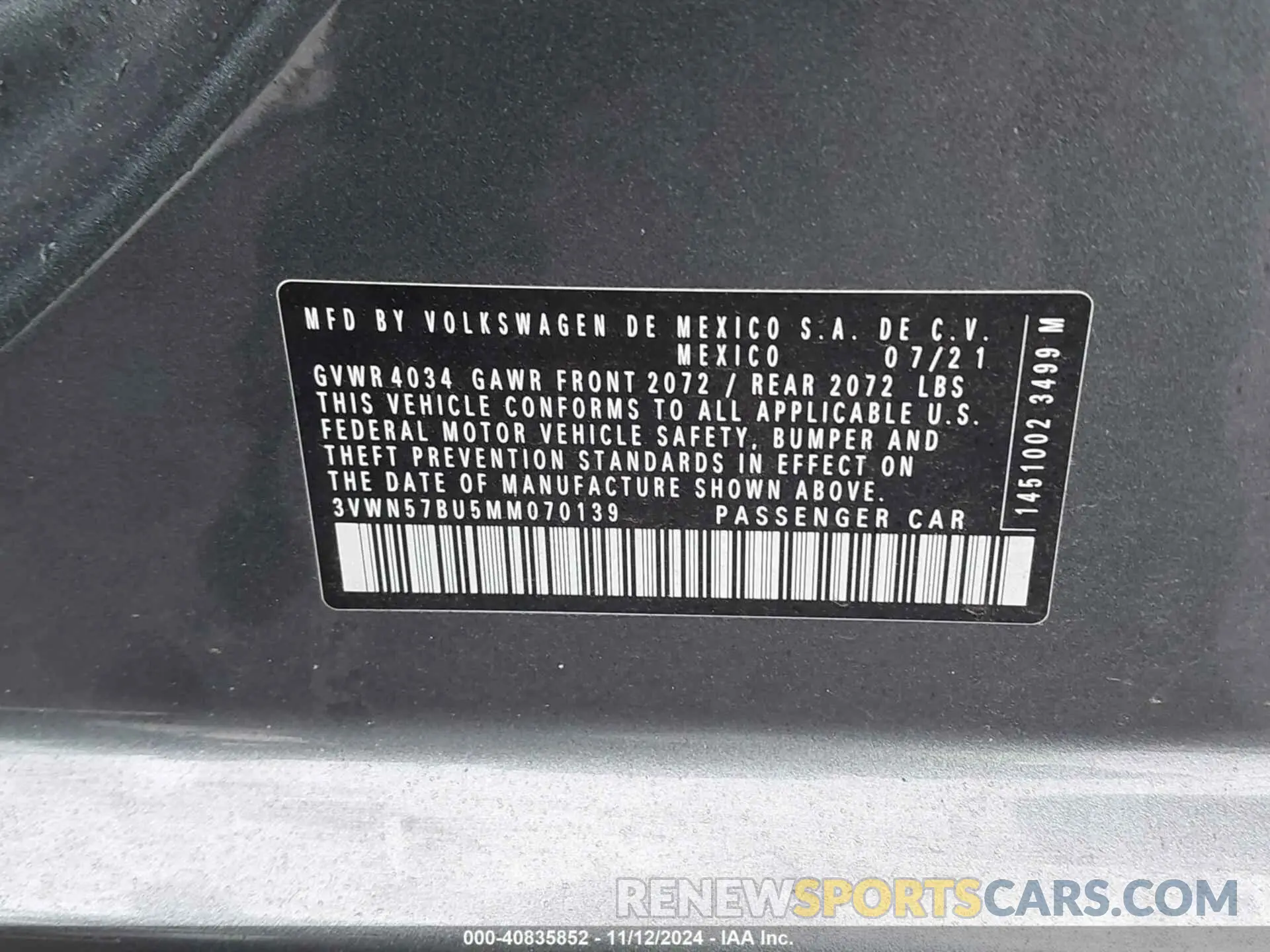 9 fotografías del automóvil dañado 3VWN57BU5MM070139 VOLKSWAGEN JETTA 2021