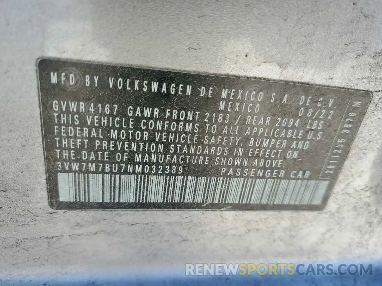 12 fotografías del automóvil dañado 3VW7M7BU7NM032389 VOLKSWAGEN JETTA 2022