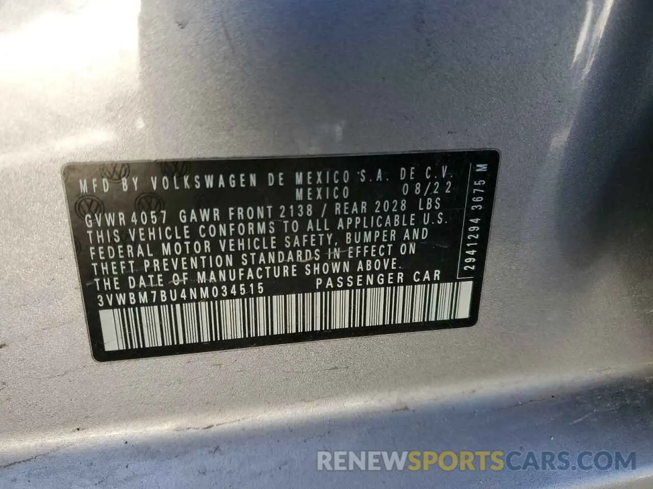 12 fotografías del automóvil dañado 3VWBM7BU4NM034515 VOLKSWAGEN JETTA 2022