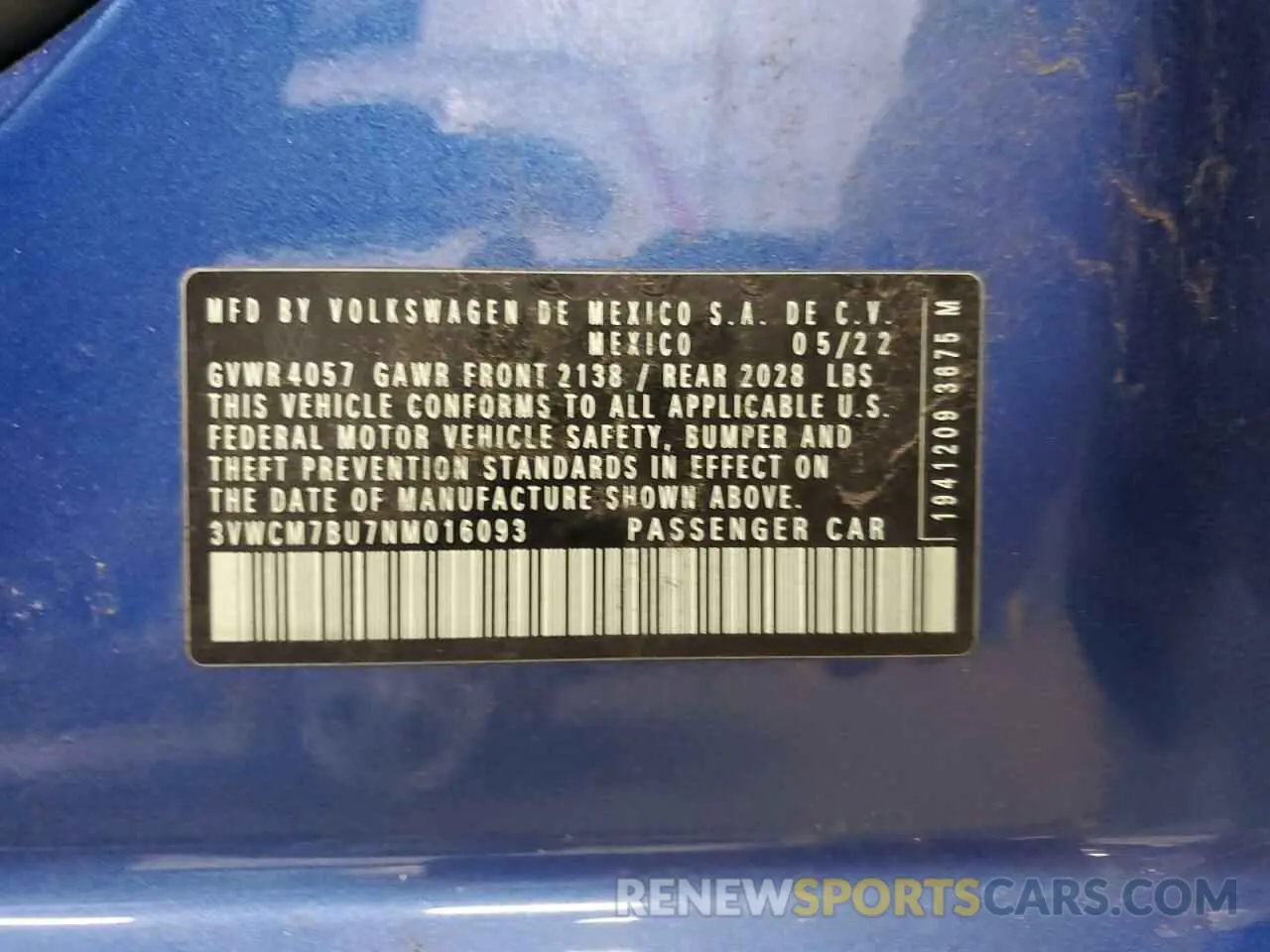 12 fotografías del automóvil dañado 3VWCM7BU7NM016093 VOLKSWAGEN JETTA 2022