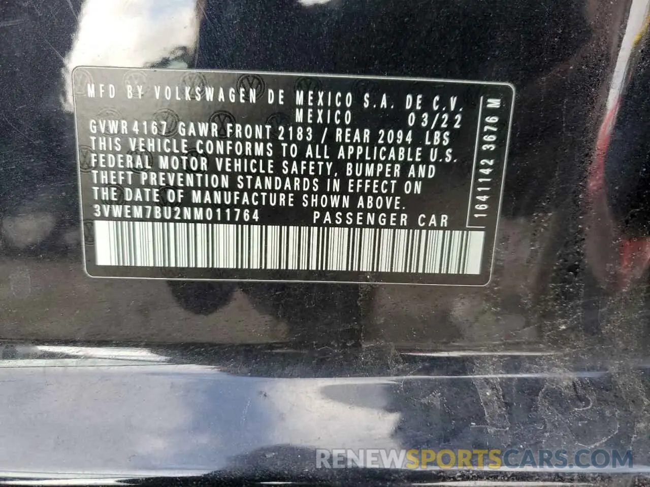 12 fotografías del automóvil dañado 3VWEM7BU2NM011764 VOLKSWAGEN JETTA 2022