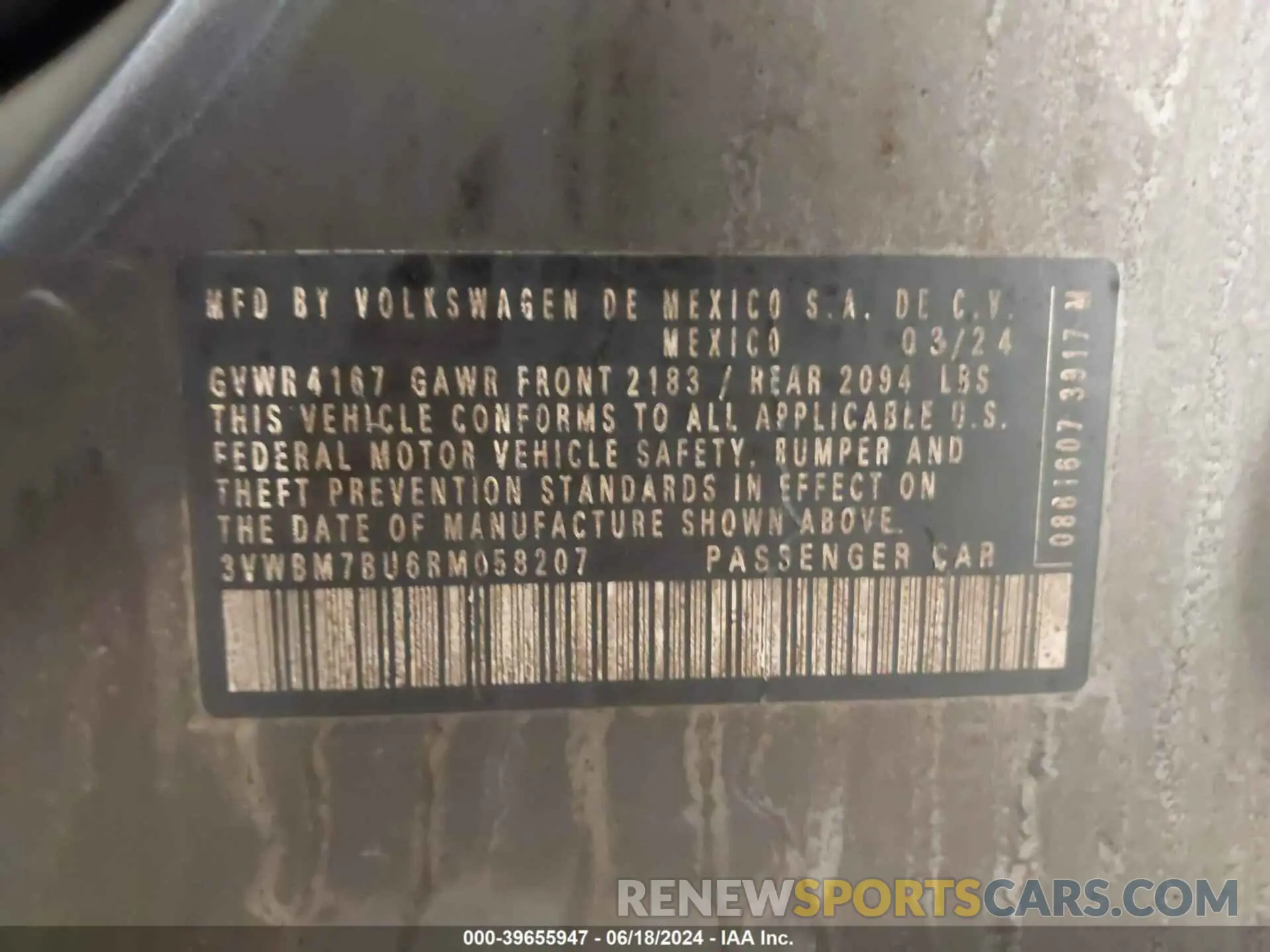 9 fotografías del automóvil dañado 3VWBM7BU6RM058207 VOLKSWAGEN JETTA 2024