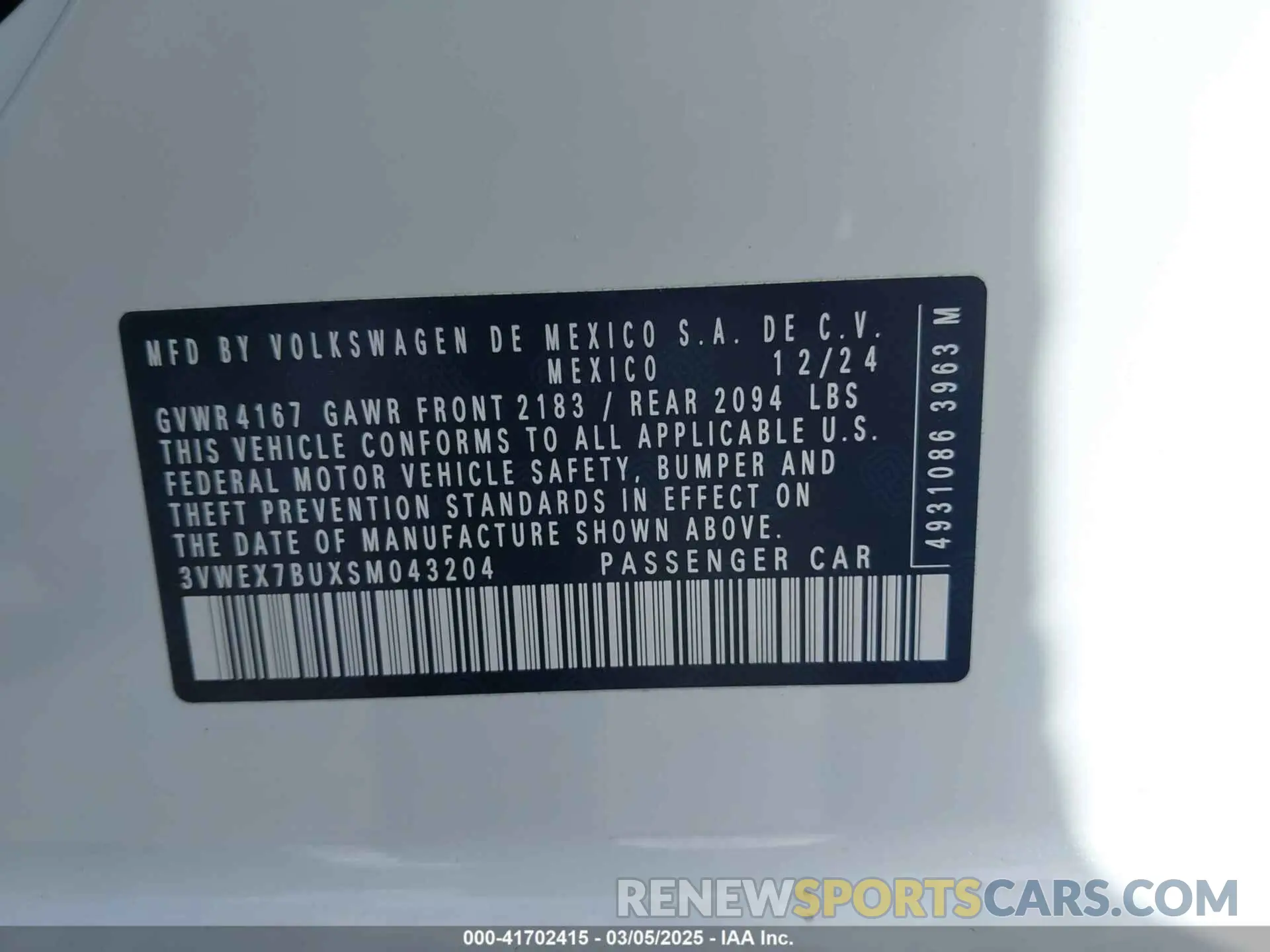 9 fotografías del automóvil dañado 3VWEX7BUXSM043204 VOLKSWAGEN JETTA 2025