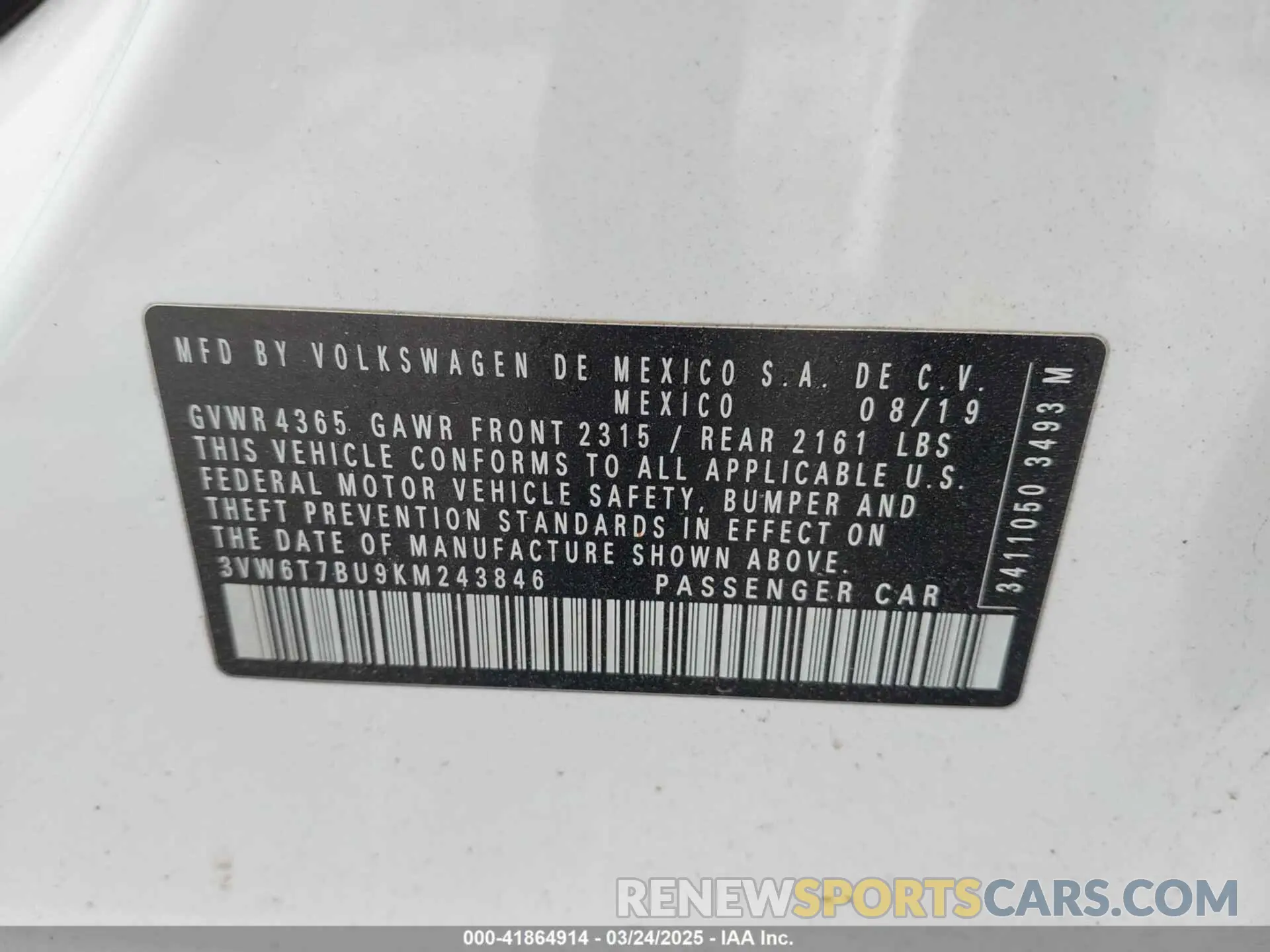 9 fotografías del automóvil dañado 3VW6T7BU9KM243846 VOLKSWAGEN JETTA GLI 2019
