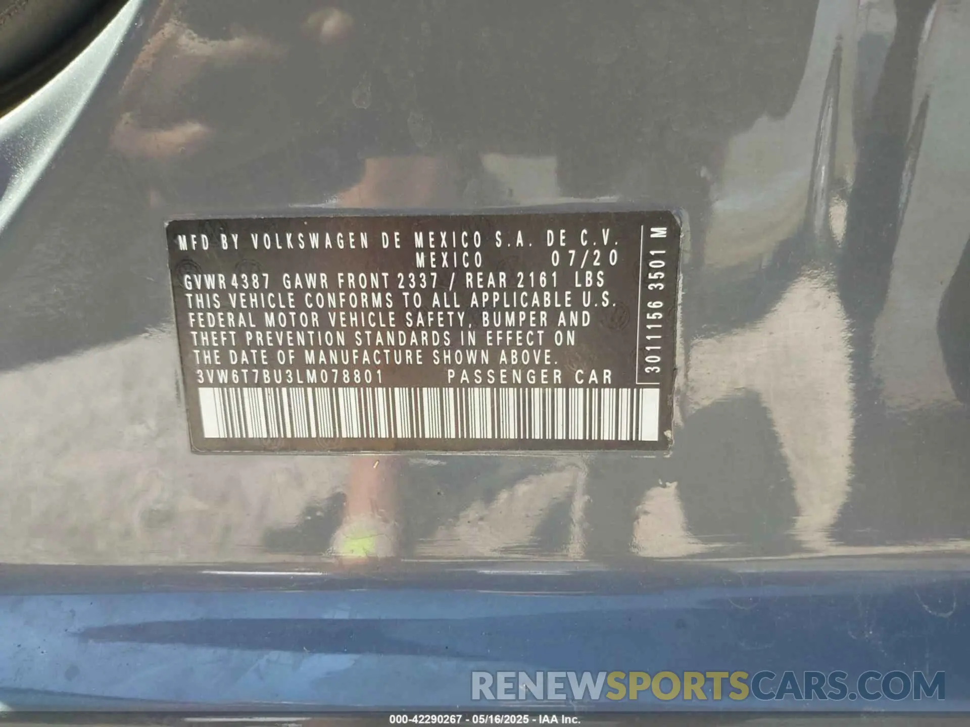 9 fotografías del automóvil dañado 3VW6T7BU3LM078801 VOLKSWAGEN JETTA GLI 2020