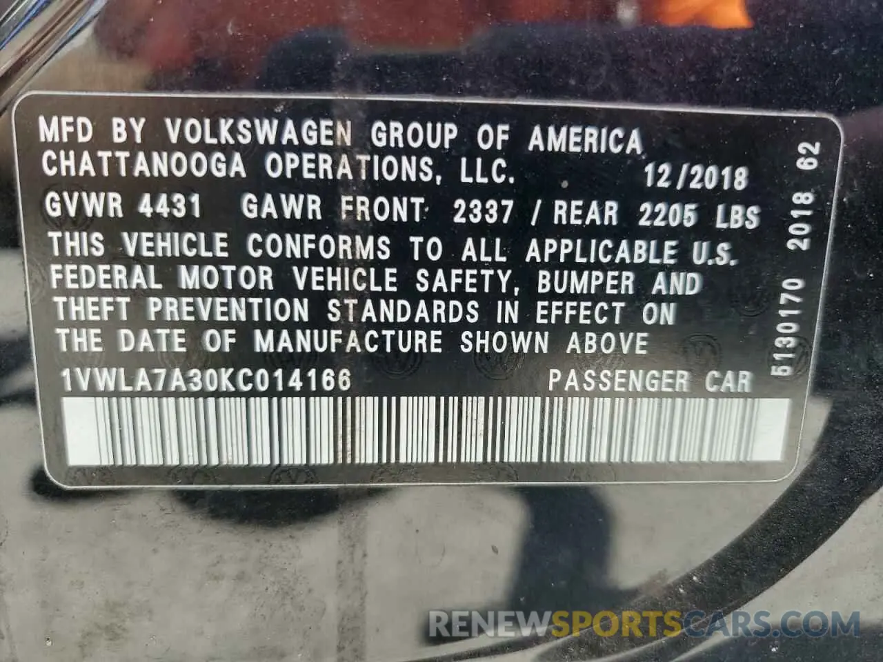 12 fotografías del automóvil dañado 1VWLA7A30KC014166 VOLKSWAGEN PASSAT 2019