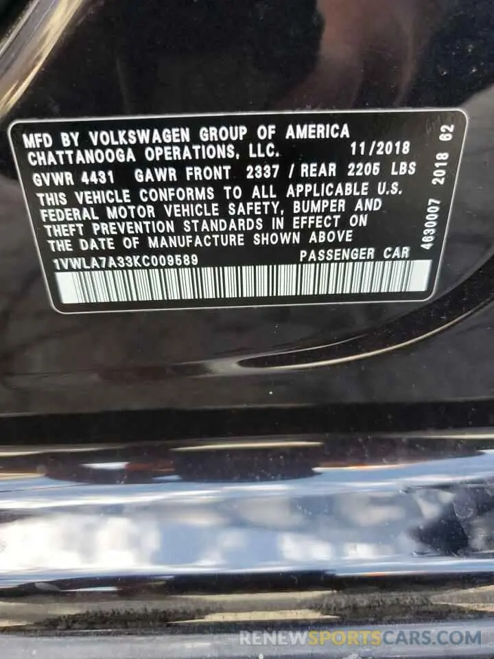14 fotografías del automóvil dañado 1VWLA7A33KC009589 VOLKSWAGEN PASSAT 2019