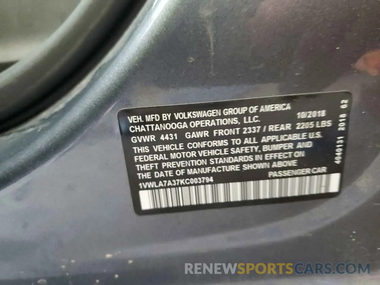 14 fotografías del automóvil dañado 1VWLA7A37KC003794 VOLKSWAGEN PASSAT 2019