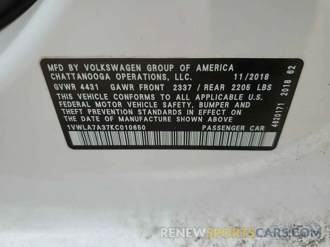 12 fotografías del automóvil dañado 1VWLA7A37KC010650 VOLKSWAGEN PASSAT 2019
