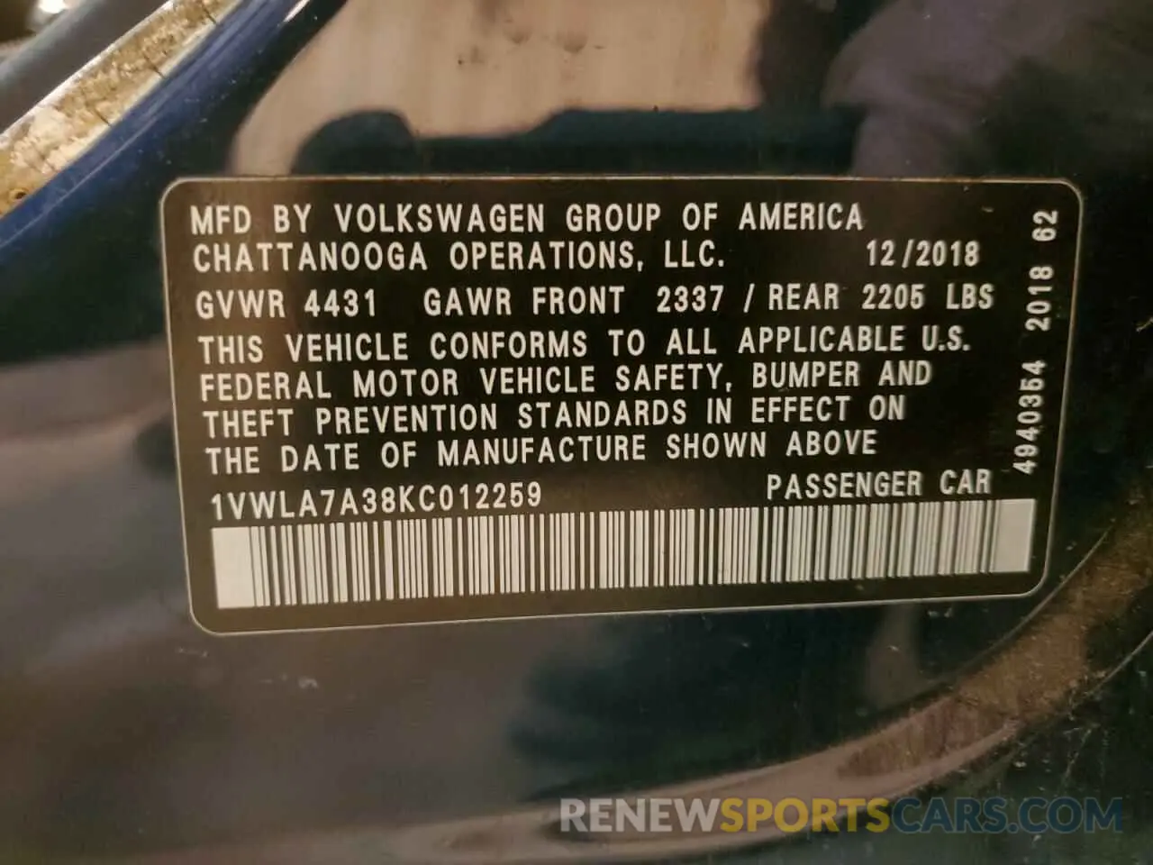 12 fotografías del automóvil dañado 1VWLA7A38KC012259 VOLKSWAGEN PASSAT 2019