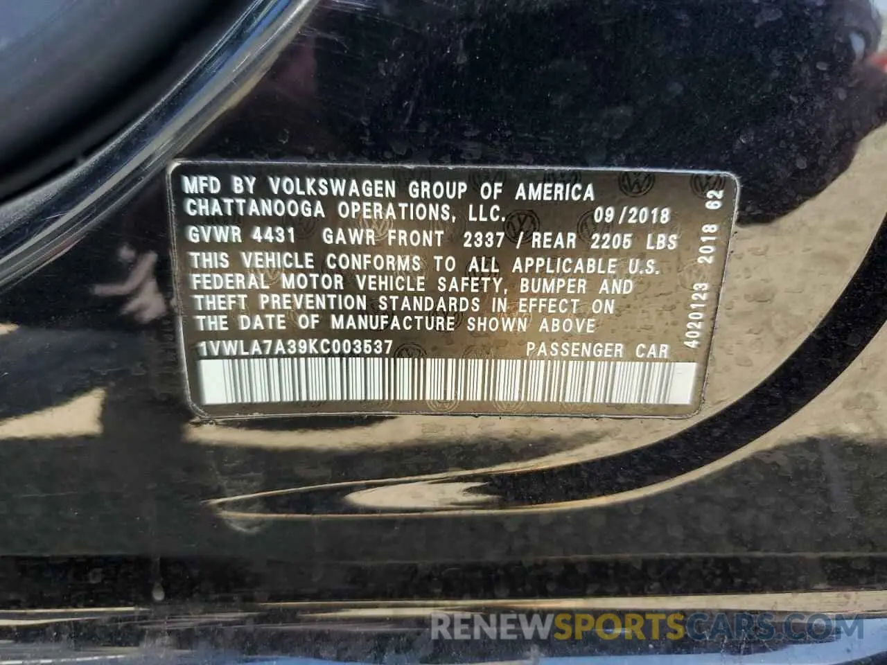 13 fotografías del automóvil dañado 1VWLA7A39KC003537 VOLKSWAGEN PASSAT 2019