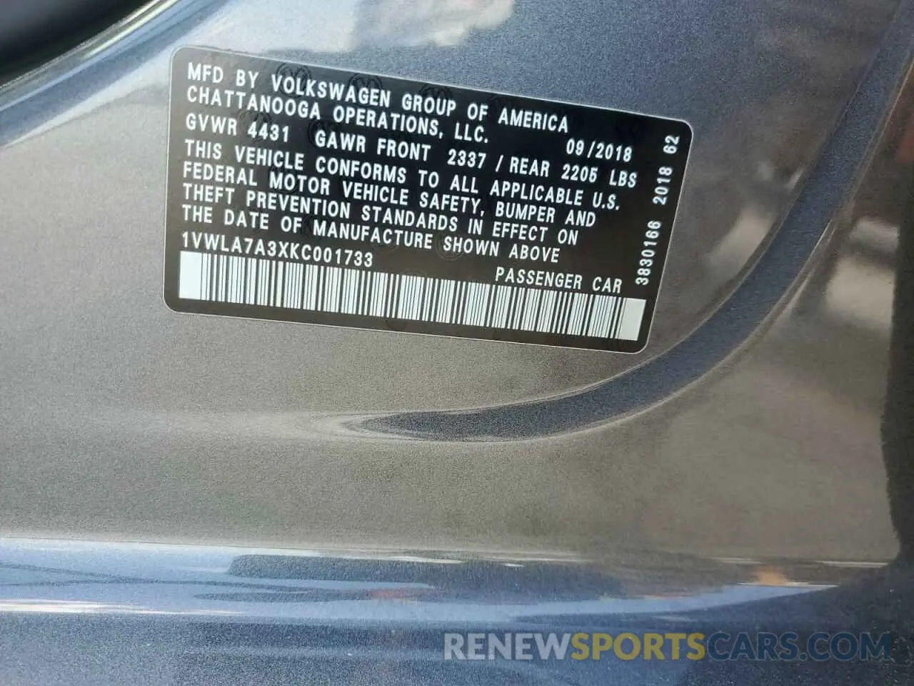 12 fotografías del automóvil dañado 1VWLA7A3XKC001733 VOLKSWAGEN PASSAT 2019