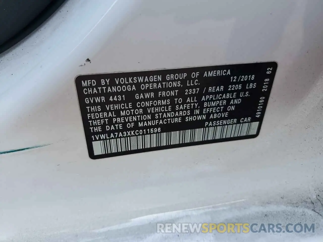 12 fotografías del automóvil dañado 1VWLA7A3XKC011596 VOLKSWAGEN PASSAT 2019