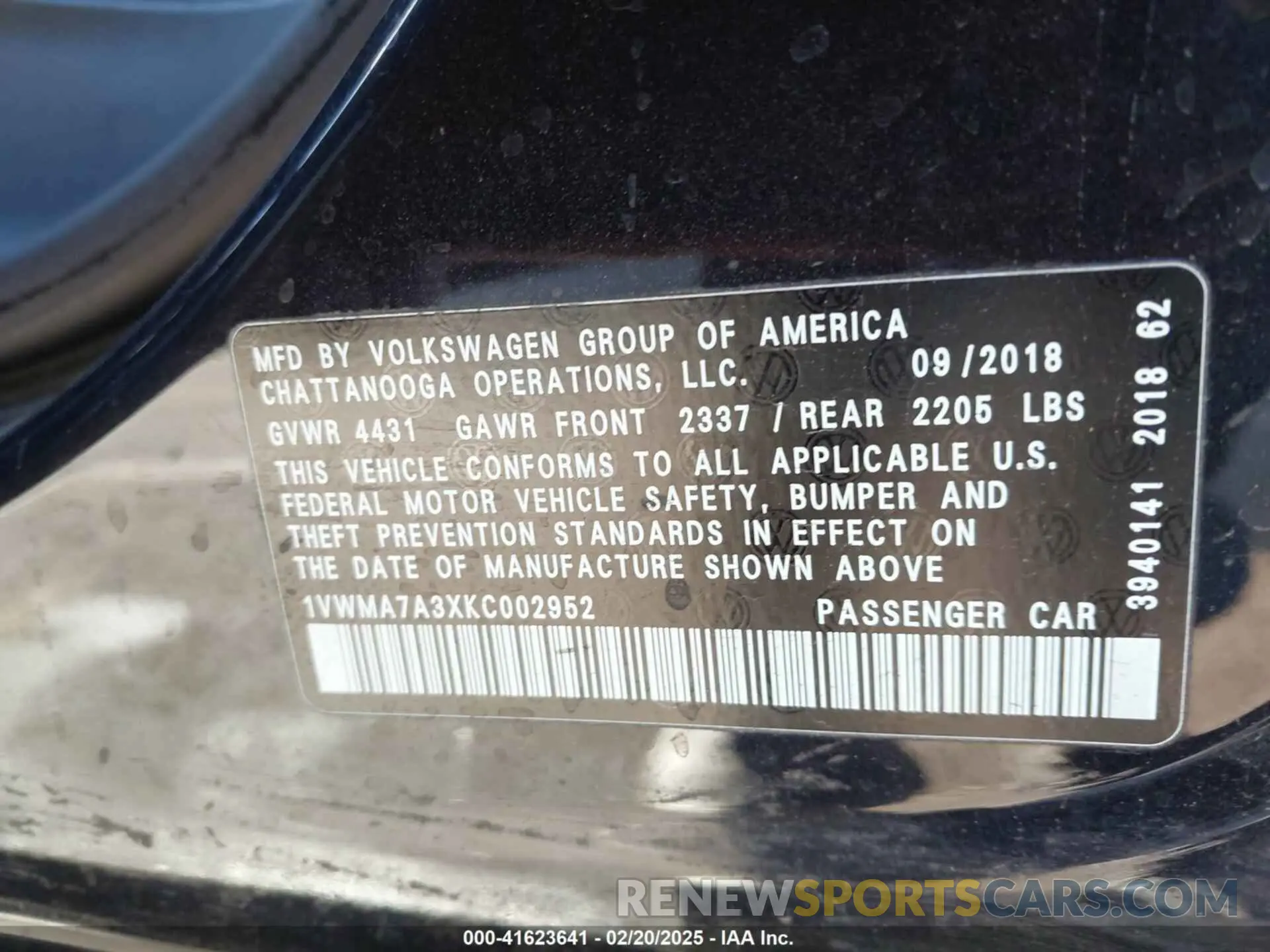 9 fotografías del automóvil dañado 1VWMA7A3XKC002952 VOLKSWAGEN PASSAT 2019