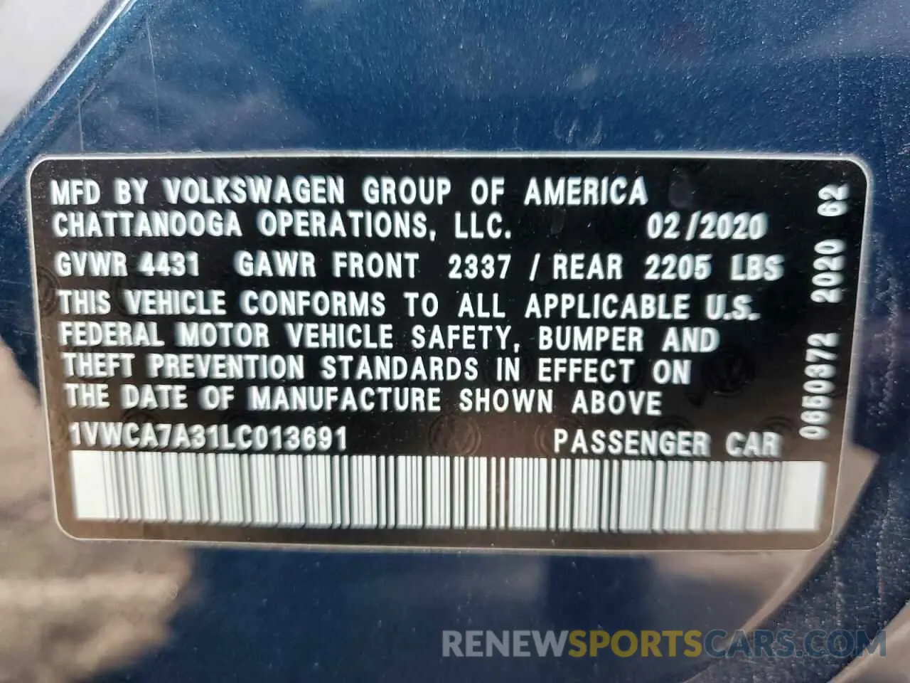13 fotografías del automóvil dañado 1VWCA7A31LC013691 VOLKSWAGEN PASSAT 2020