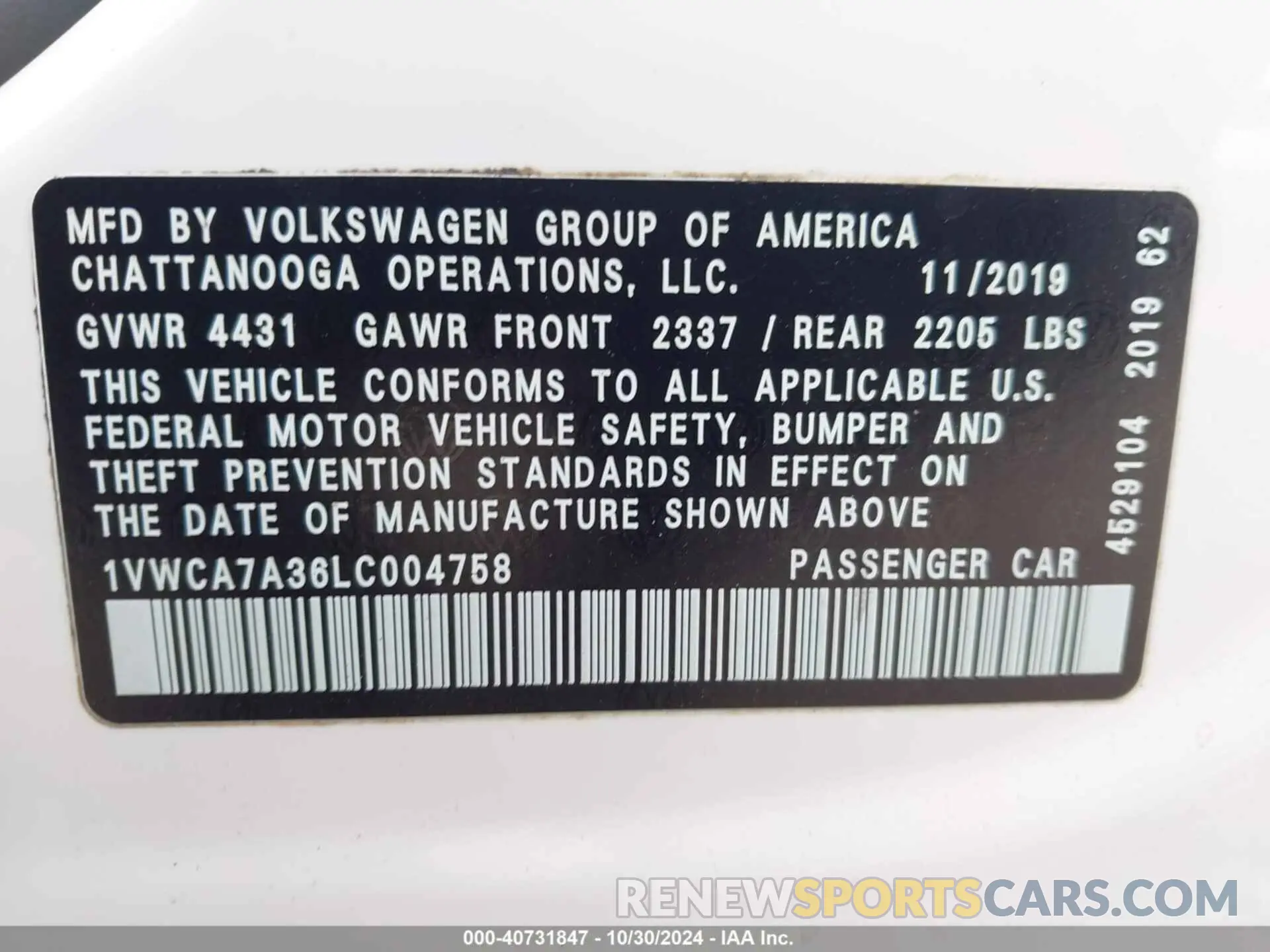 9 fotografías del automóvil dañado 1VWCA7A36LC004758 VOLKSWAGEN PASSAT 2020