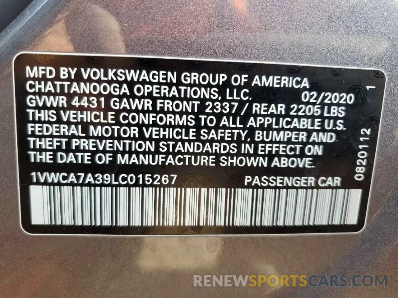 14 fotografías del automóvil dañado 1VWCA7A39LC015267 VOLKSWAGEN PASSAT 2020