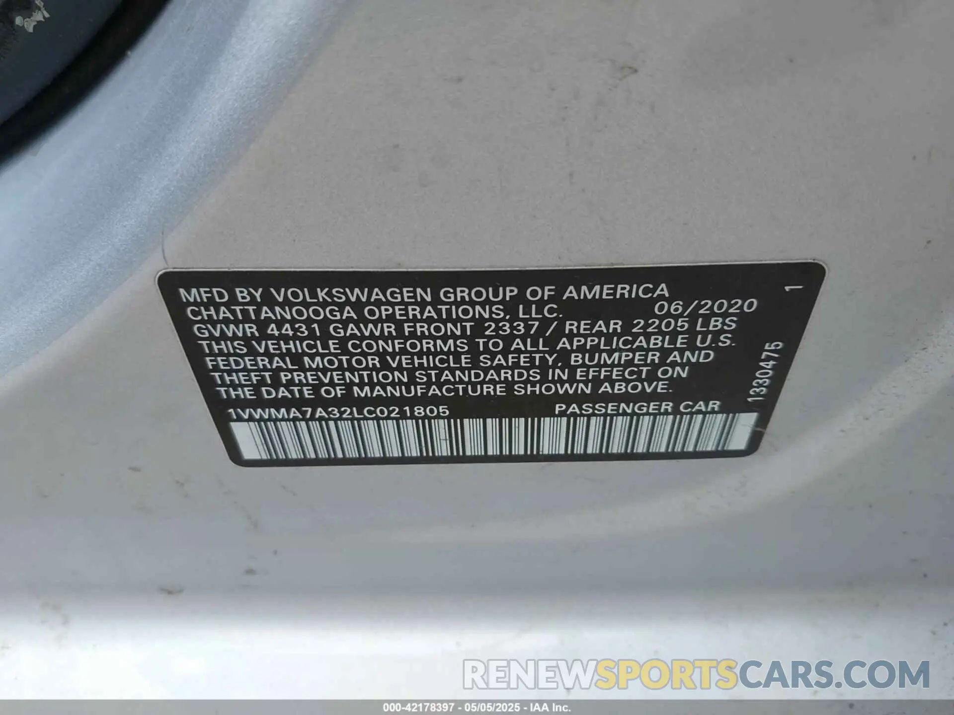9 fotografías del automóvil dañado 1VWMA7A32LC021805 VOLKSWAGEN PASSAT 2020