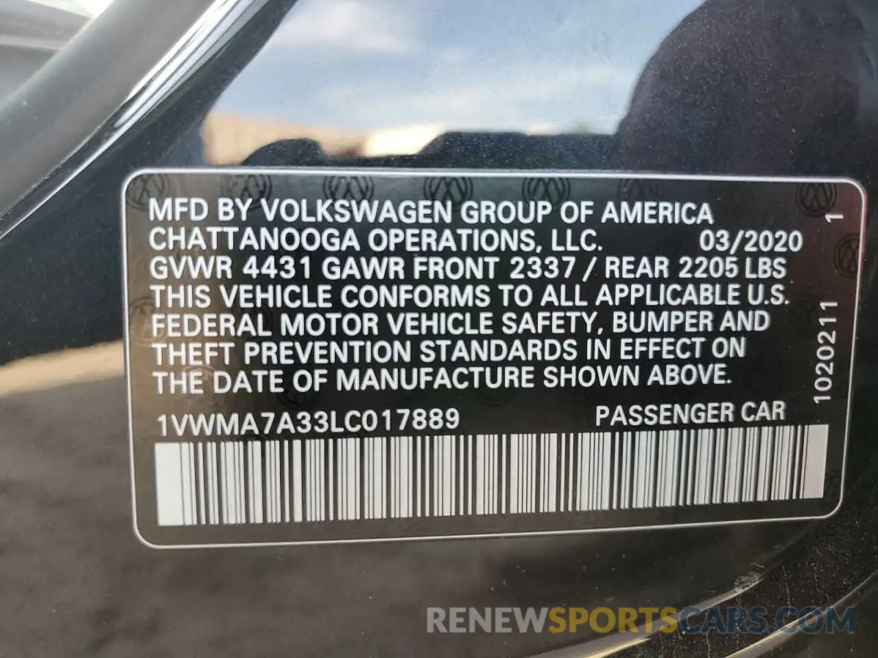 13 fotografías del automóvil dañado 1VWMA7A33LC017889 VOLKSWAGEN PASSAT 2020