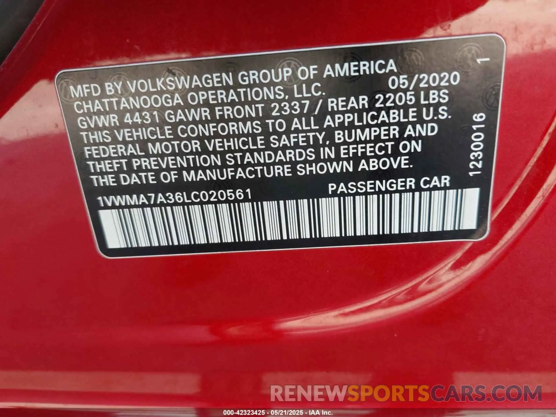 9 fotografías del automóvil dañado 1VWMA7A36LC020561 VOLKSWAGEN PASSAT 2020