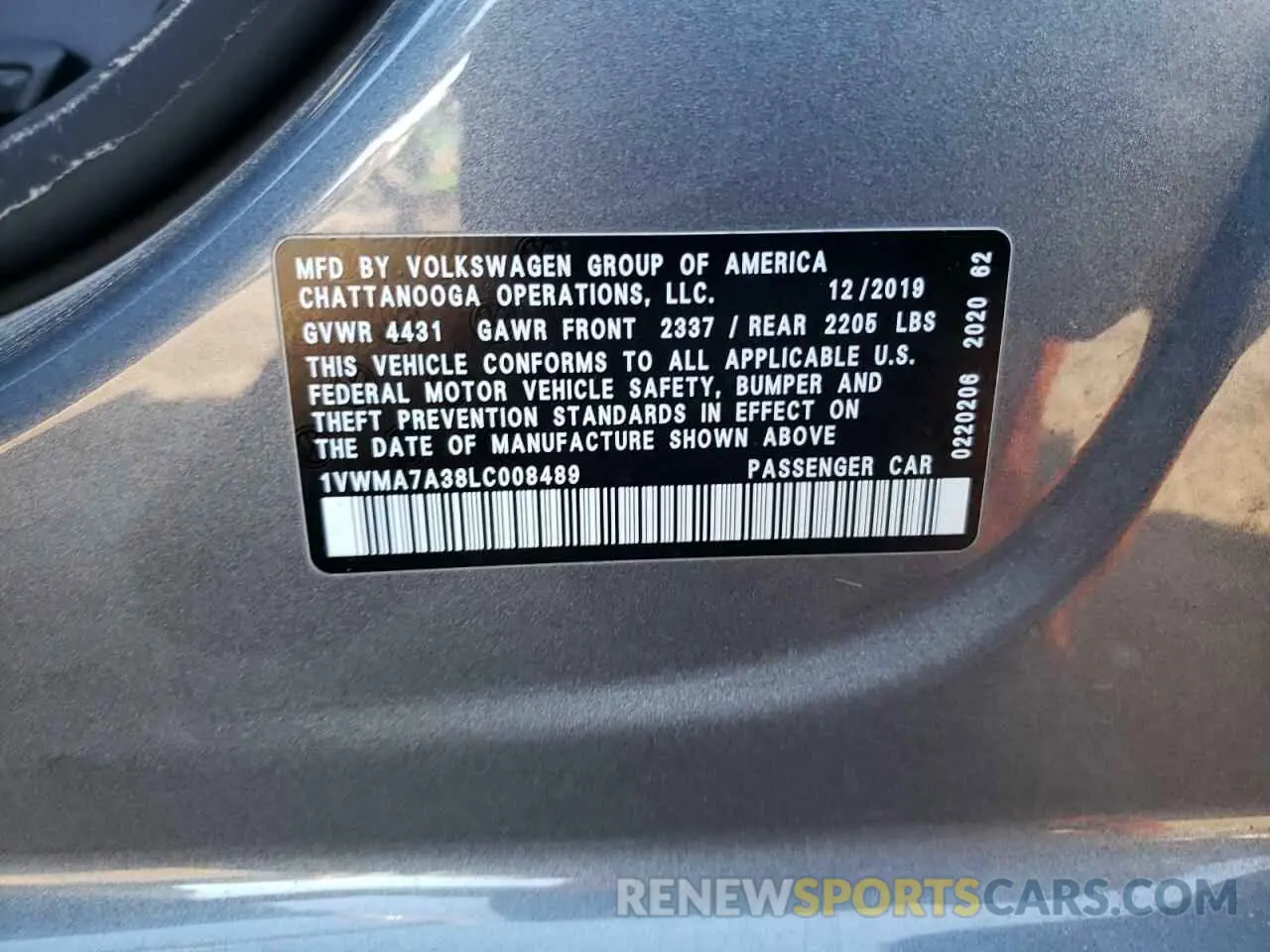 12 fotografías del automóvil dañado 1VWMA7A38LC008489 VOLKSWAGEN PASSAT 2020
